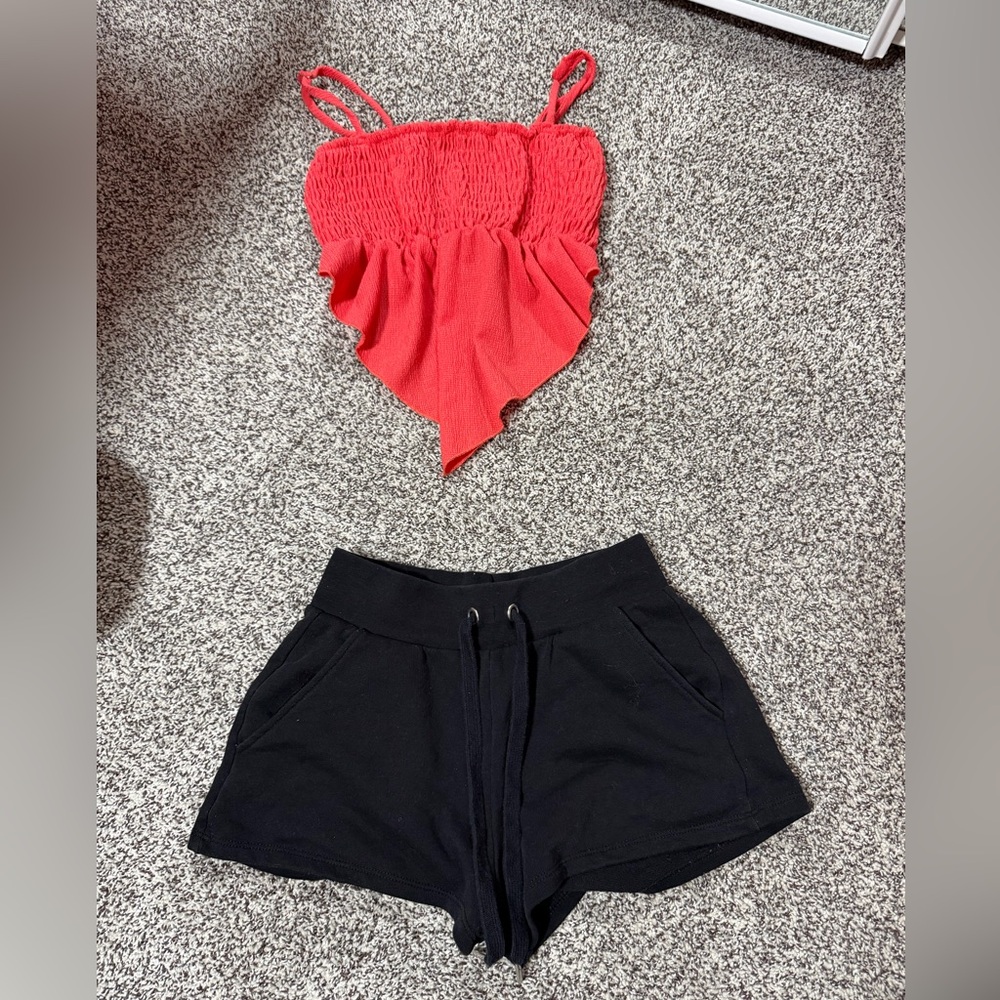 Divided Black Drawstring Athletic Shorts and cute pink top